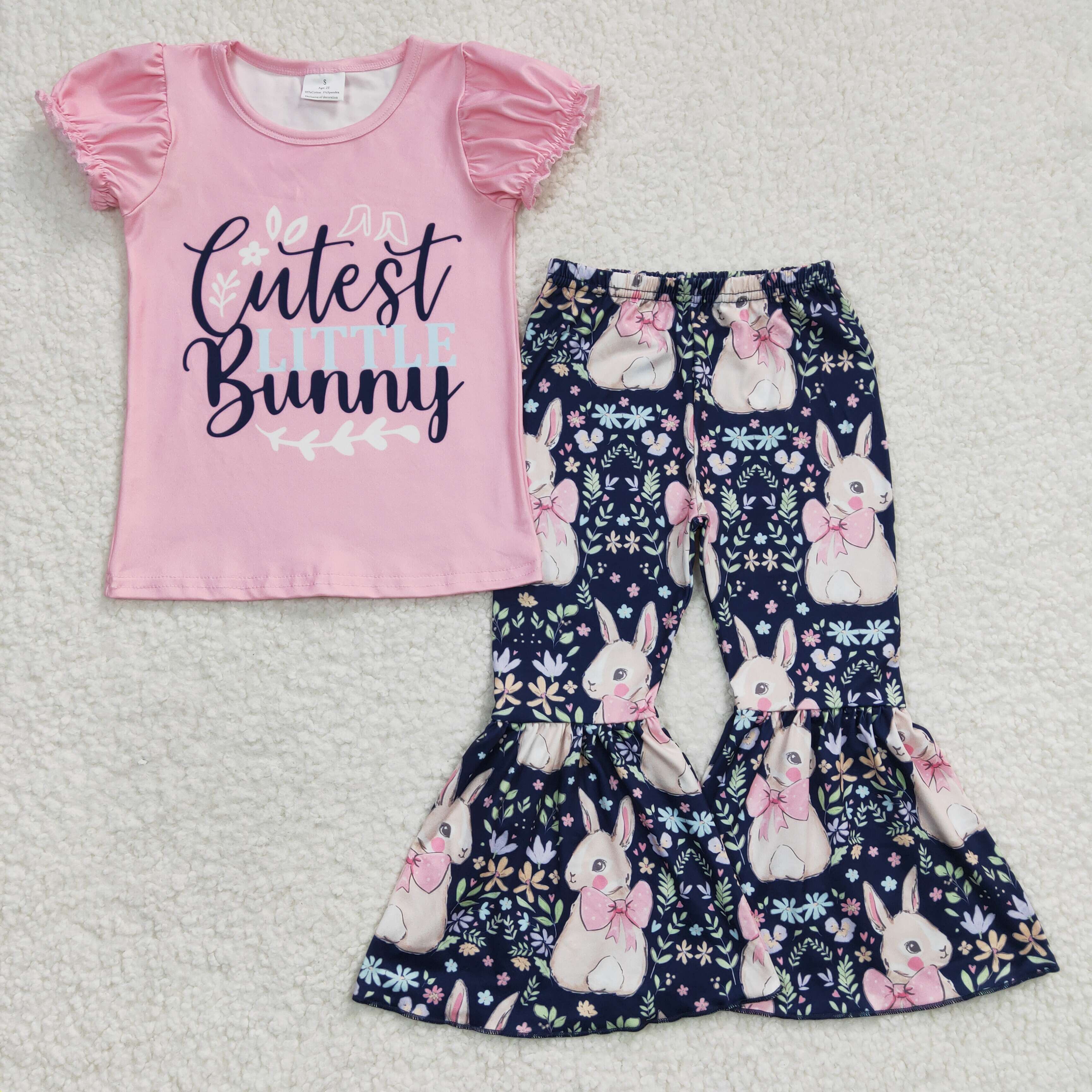 Bunny Rabbit Pink Smocked Sleeve Cutest Bunny Easter Girl Short Sleeve Bell Bottoms Pants Outfits