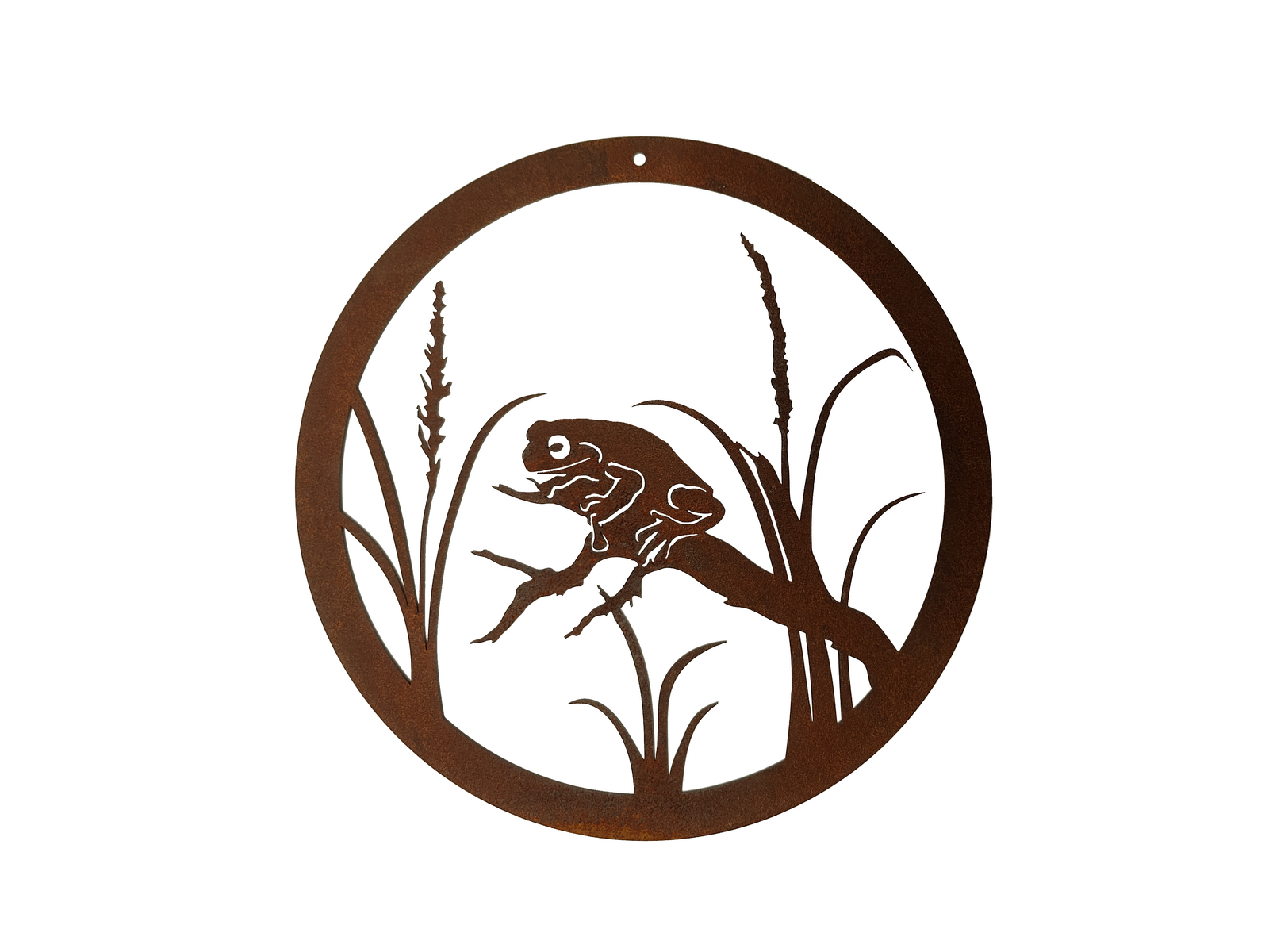 Frog in reeds small round panel