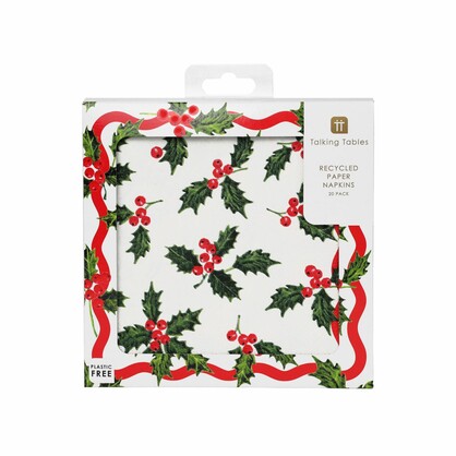 Holly White Christmas Paper Napkins - 20 Pack