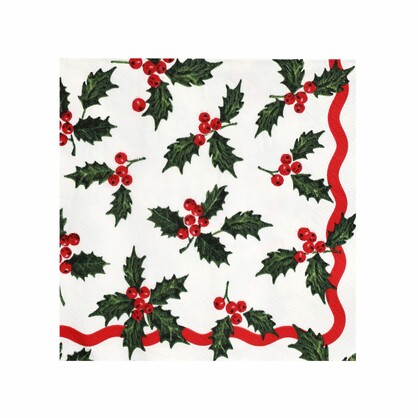 Holly White Christmas Paper Napkins - 20 Pack