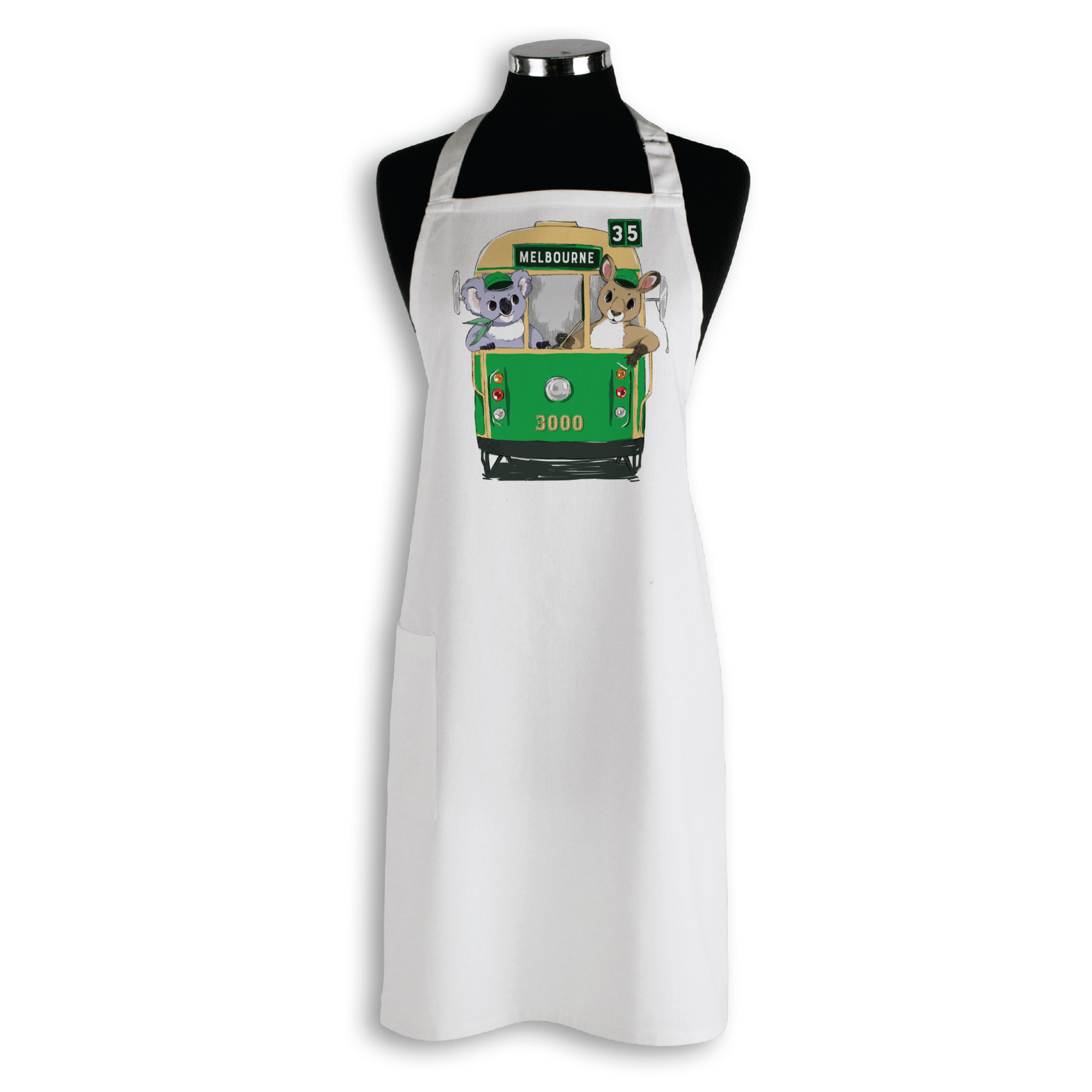 Organic Cotton Apron - Green Tram with Animals Melbourne