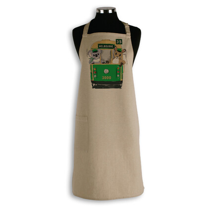 Organic Cotton Apron - Green Tram with Animals Melbourne