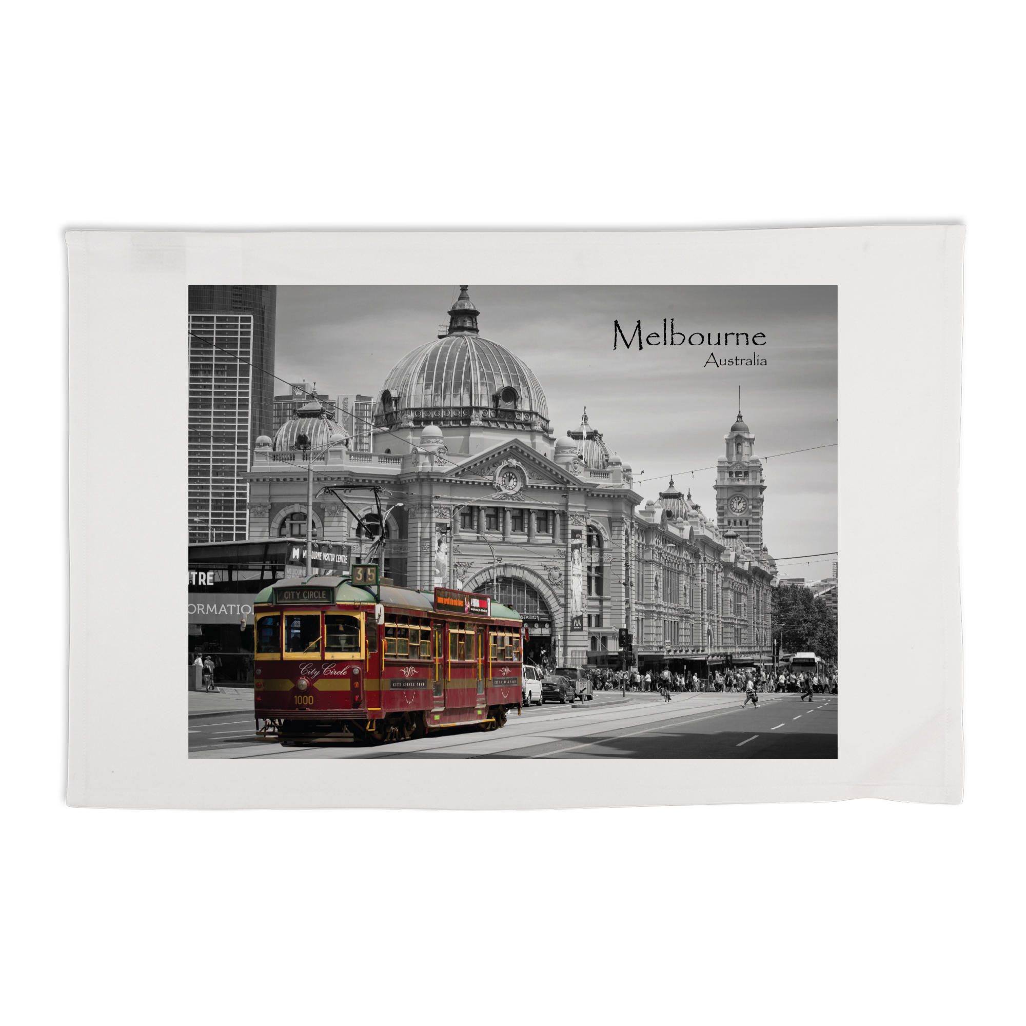 Organic Cotton Tea Towel - Melbourne B&W Red Tram