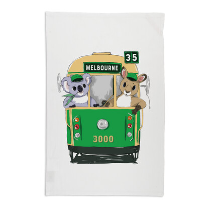 Organic Cotton Tea Towel - Green Tram with Animals Melbourne