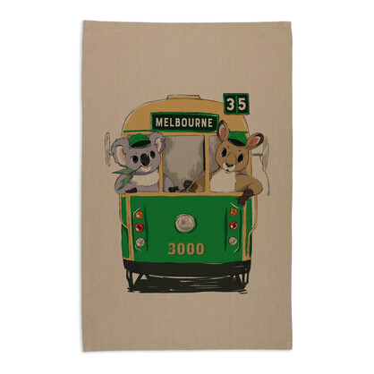Organic Cotton Tea Towel - Green Tram with Animals Melbourne