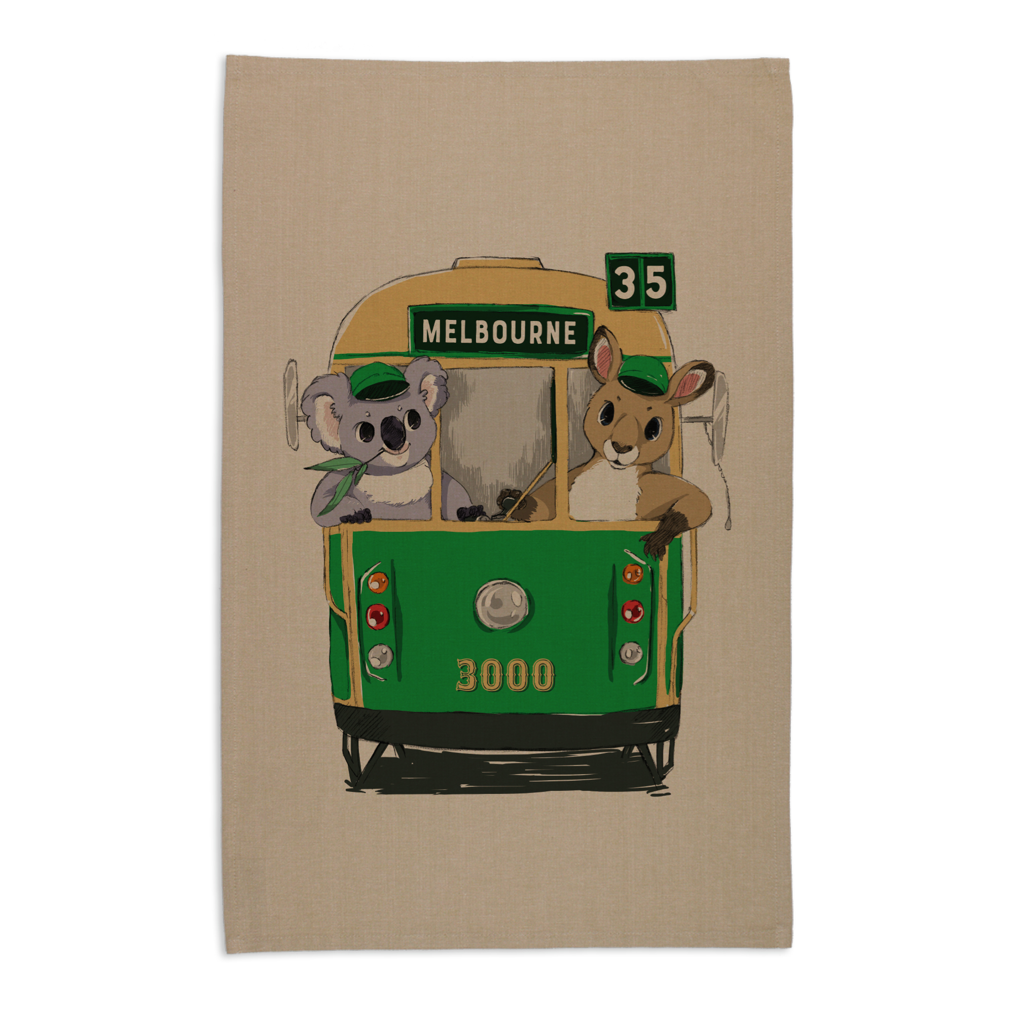 Organic Cotton Tea Towel - Green Tram with Animals Melbourne
