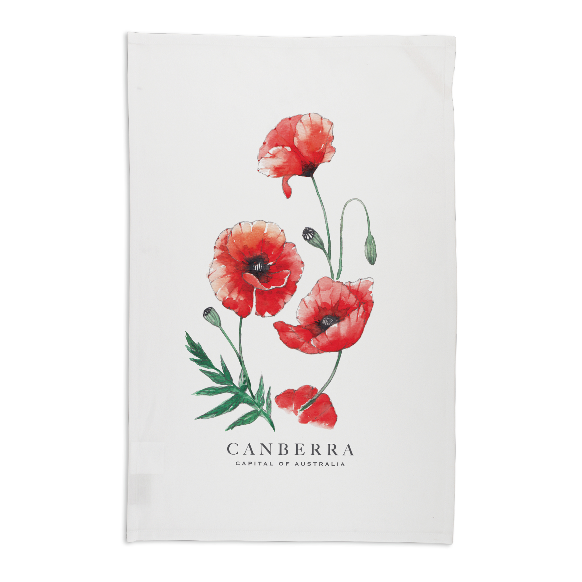 Organic Cotton Tea Towel - Poppies Canberra Capital of Australia