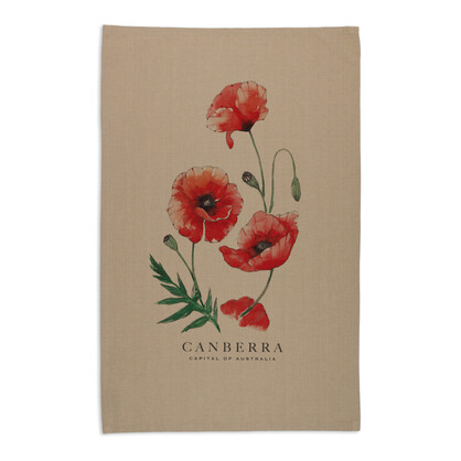 Organic Cotton Tea Towel - Poppies Canberra Capital of Australia