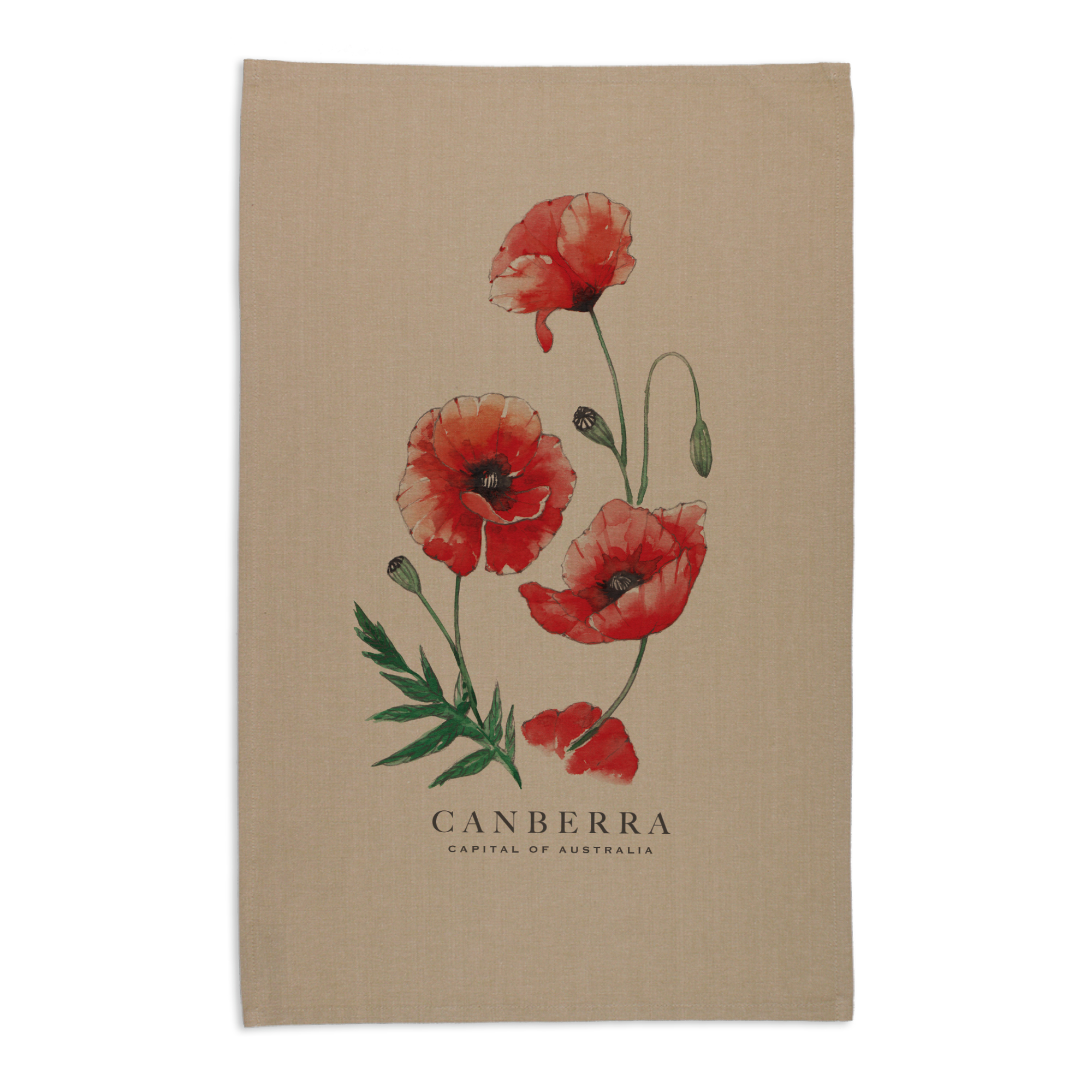 Organic Cotton Tea Towel - Poppies Canberra Capital of Australia