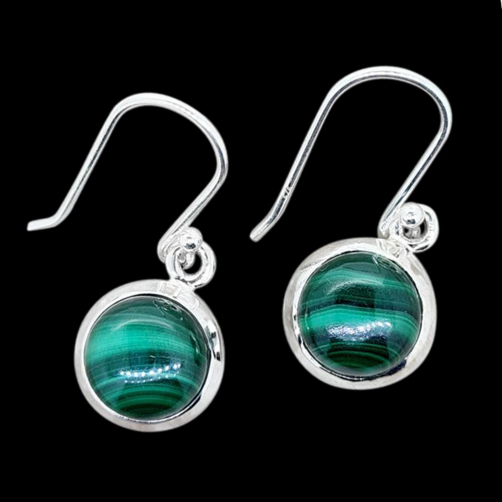 Malachite Round Shape ( 12mm )  Earring in 925 Sterling Silver