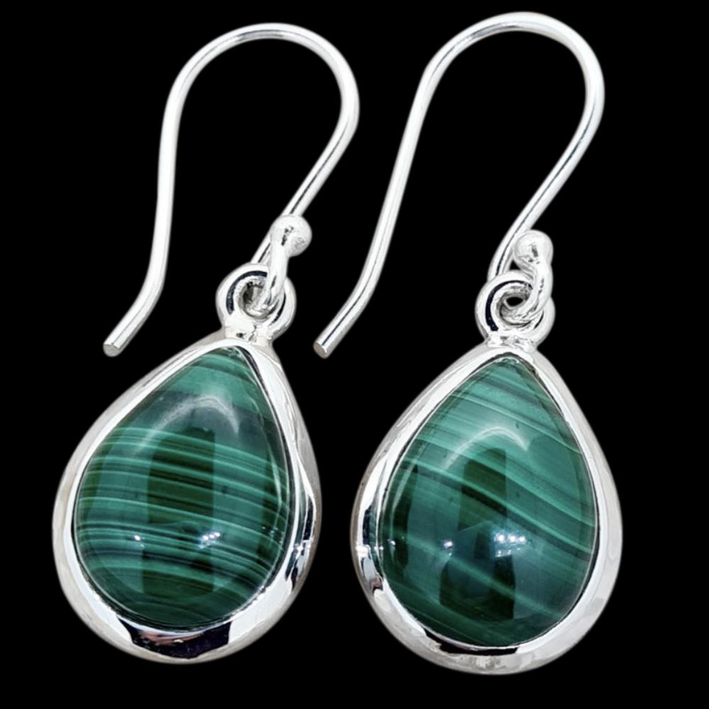 Malachite Teardrop Shape ( 10 by 14mm ) Earring In 925 Sterling Silver