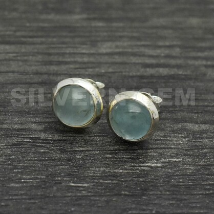 Aquamarine Round Shape ( 8mm )  Stud in 925 Sterling Silver.
