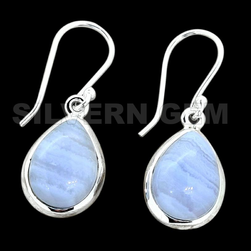 Blue Lace Teardrop Shape ( 10 by 14mm ) Earring in 925 Sterling Silver.