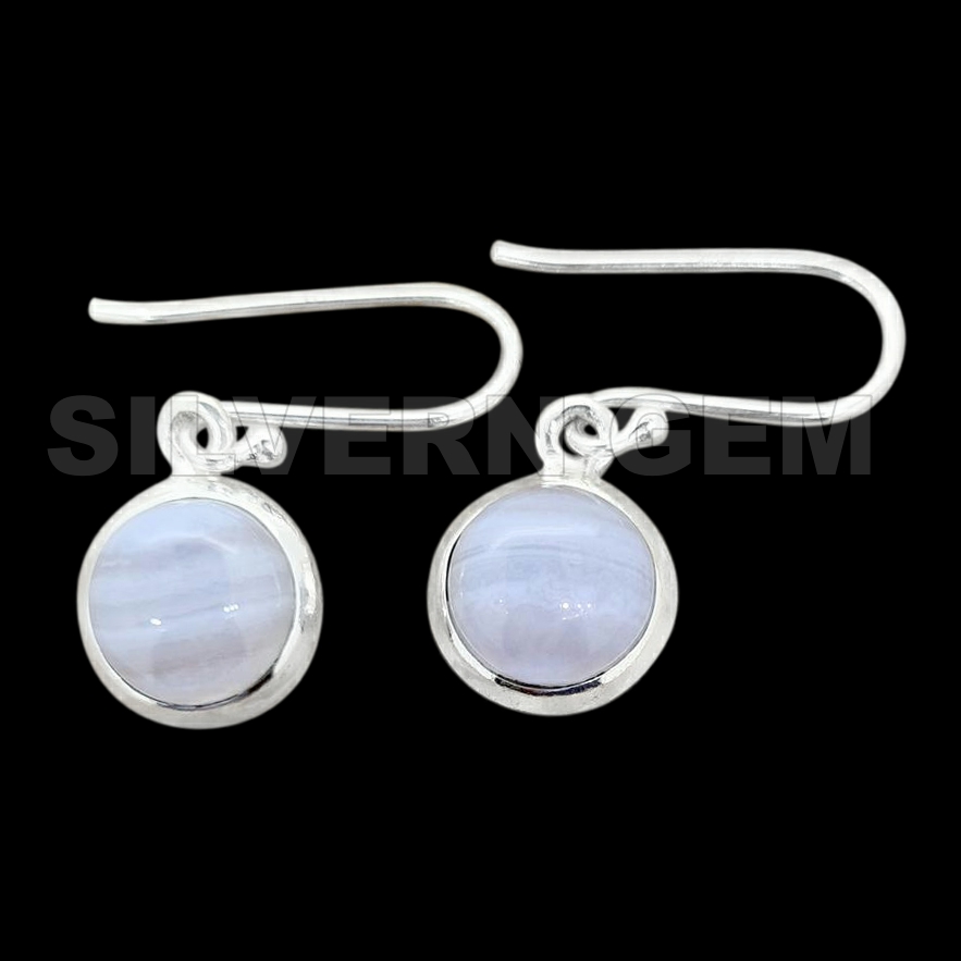 Blue Lace Round Shape ( 12mm ) Earring in 925 Sterling Silver.