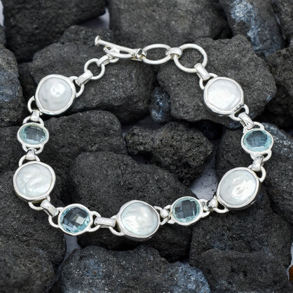 Pearl Blue Topaz Bracelet In 925 Sterling Silver.