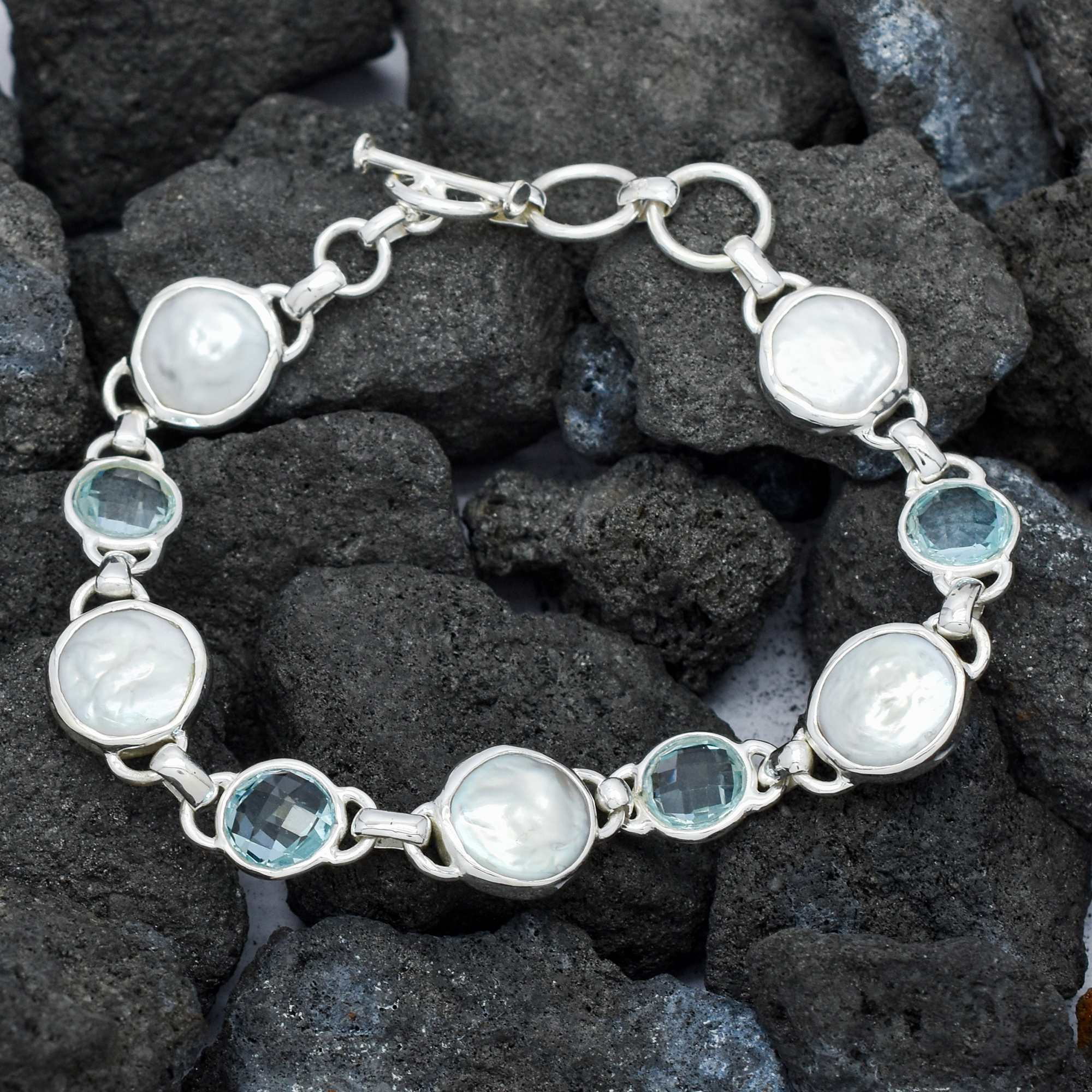 Pearl Blue Topaz Bracelet In 925 Sterling Silver.