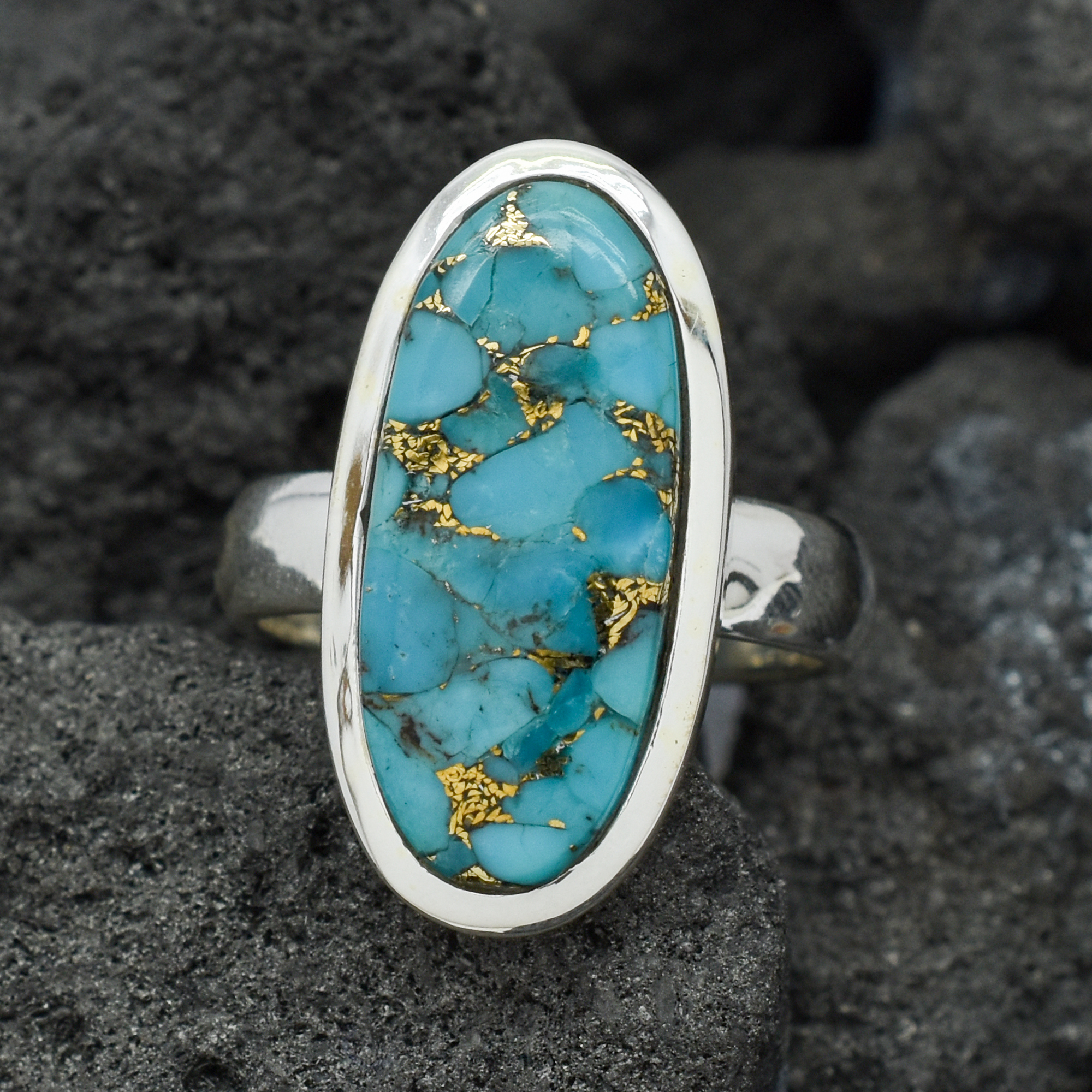 Copper Turquoise Oval Shape Ring In 925 Sterling Silver...