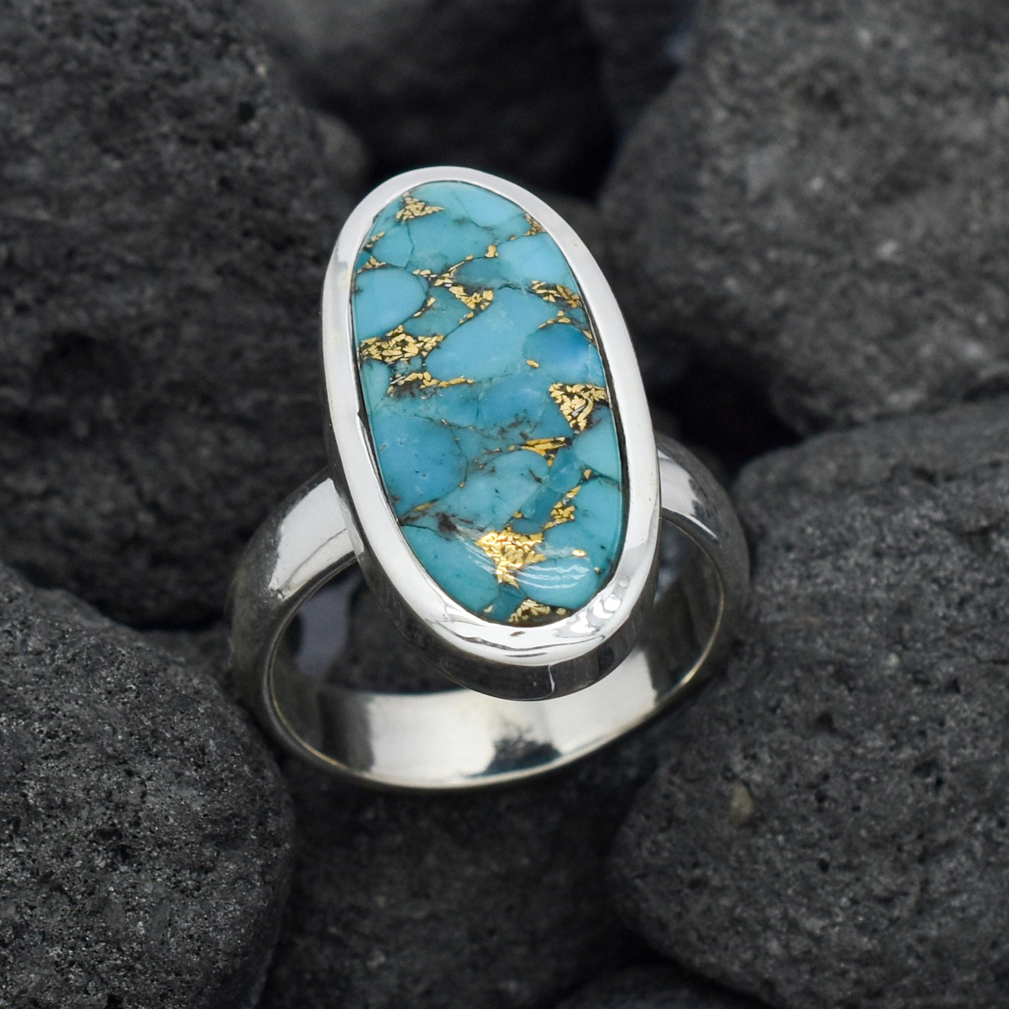 Copper Turquoise Oval Shape Ring In 925 Sterling Silver...