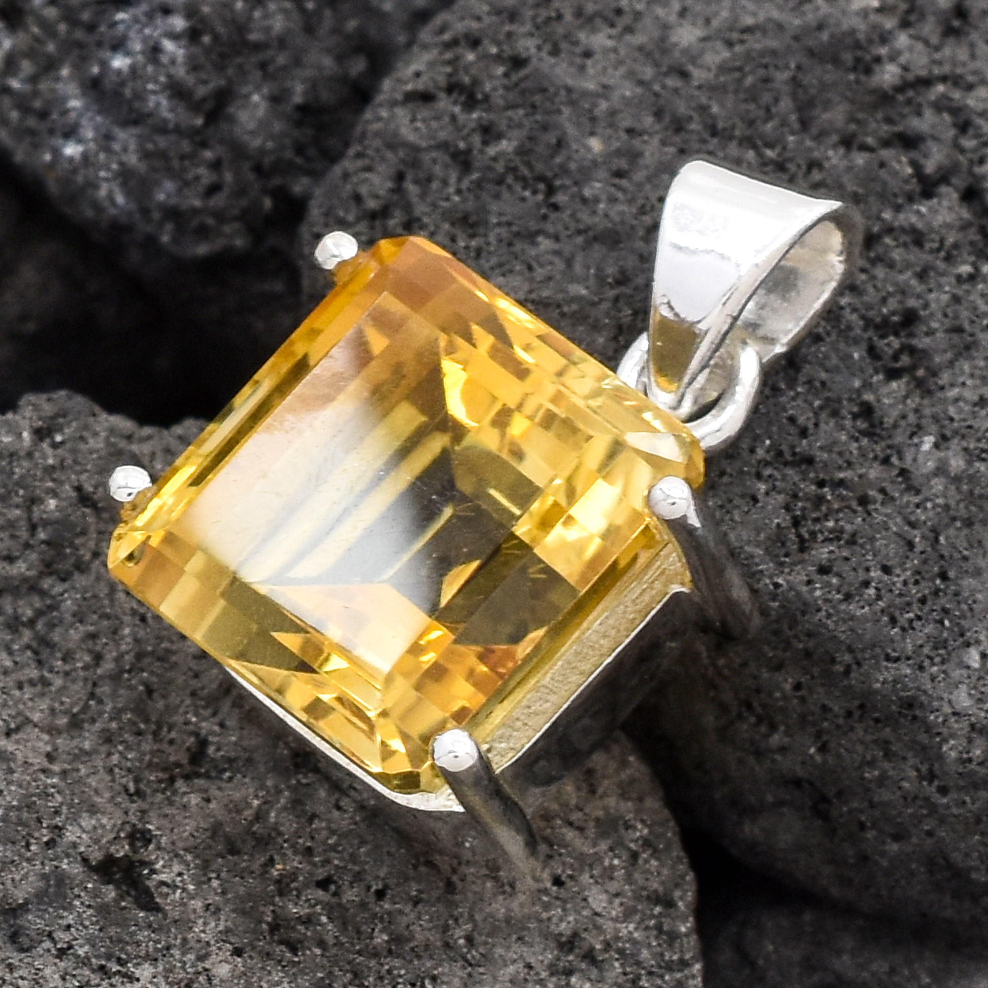 Citrine Gemstone Square Shape Pendant in 925 Sterling Silver.