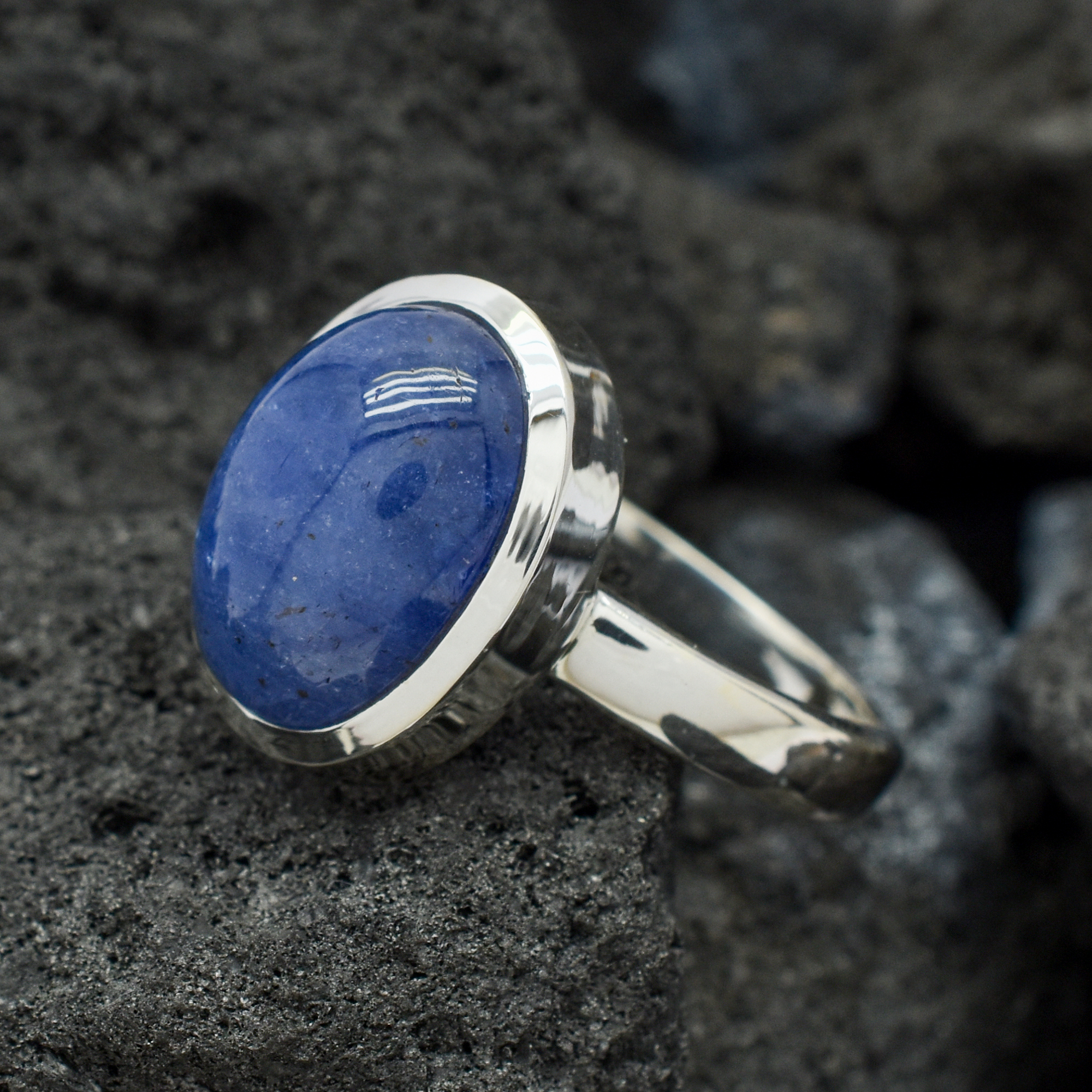 Tanzanite Oval Shape Ring with Solid Band in Sterling Silver