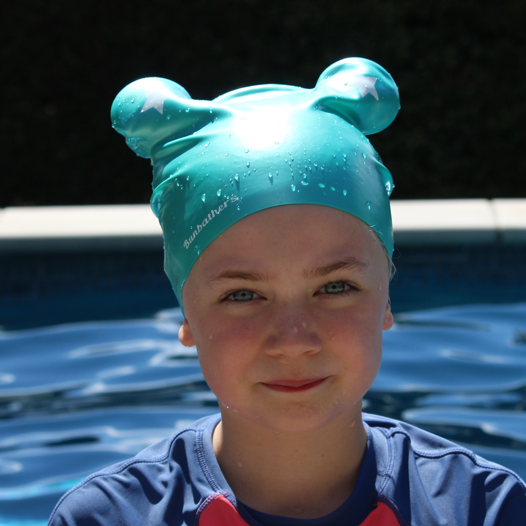 Turquoise Shimmer Stars Kids' Swimcap