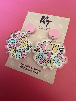 Yay coffee - teacher dangle earrings printed on clear acrylic - food earrings