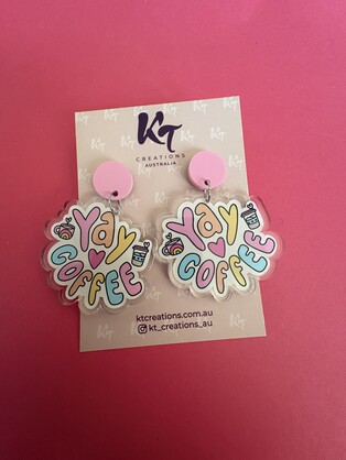 Yay coffee - teacher dangle earrings printed on clear acrylic - food earrings