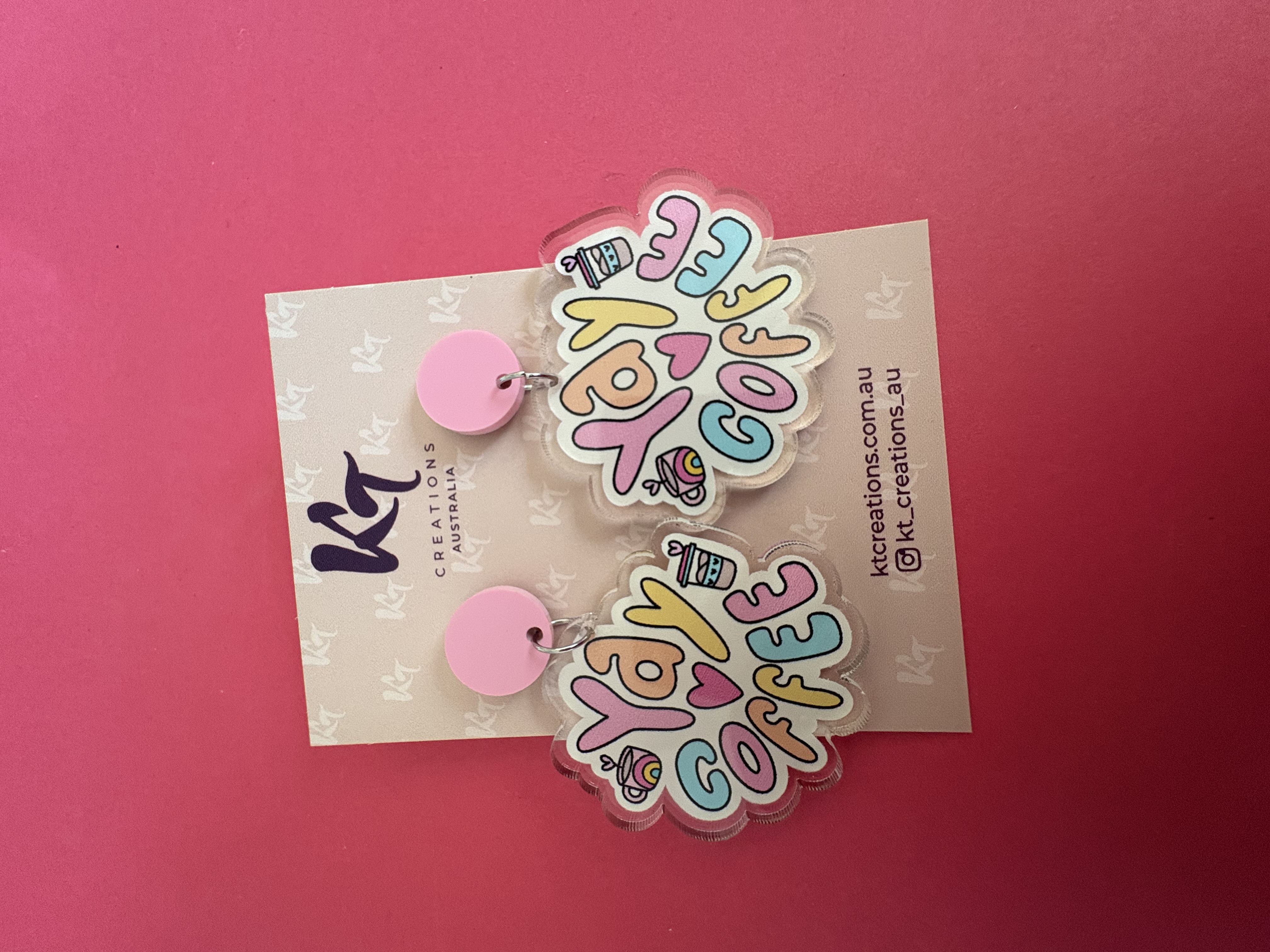 Yay coffee - teacher dangle earrings printed on clear acrylic - food earrings