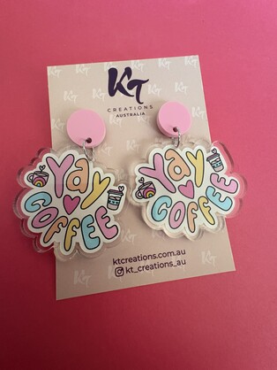 Yay coffee - teacher dangle earrings printed on clear acrylic - food earrings