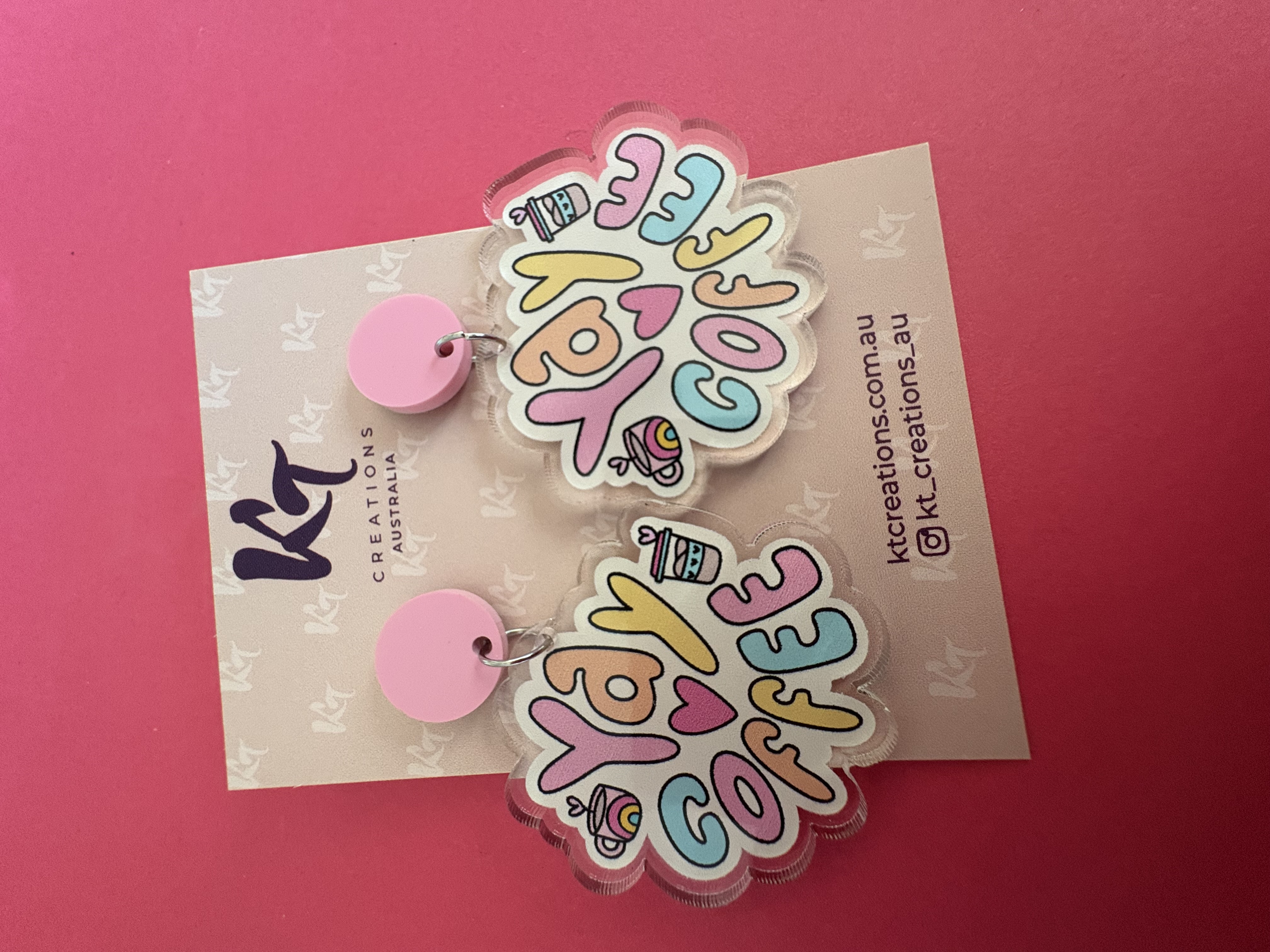 Yay coffee - teacher dangle earrings printed on clear acrylic - food earrings
