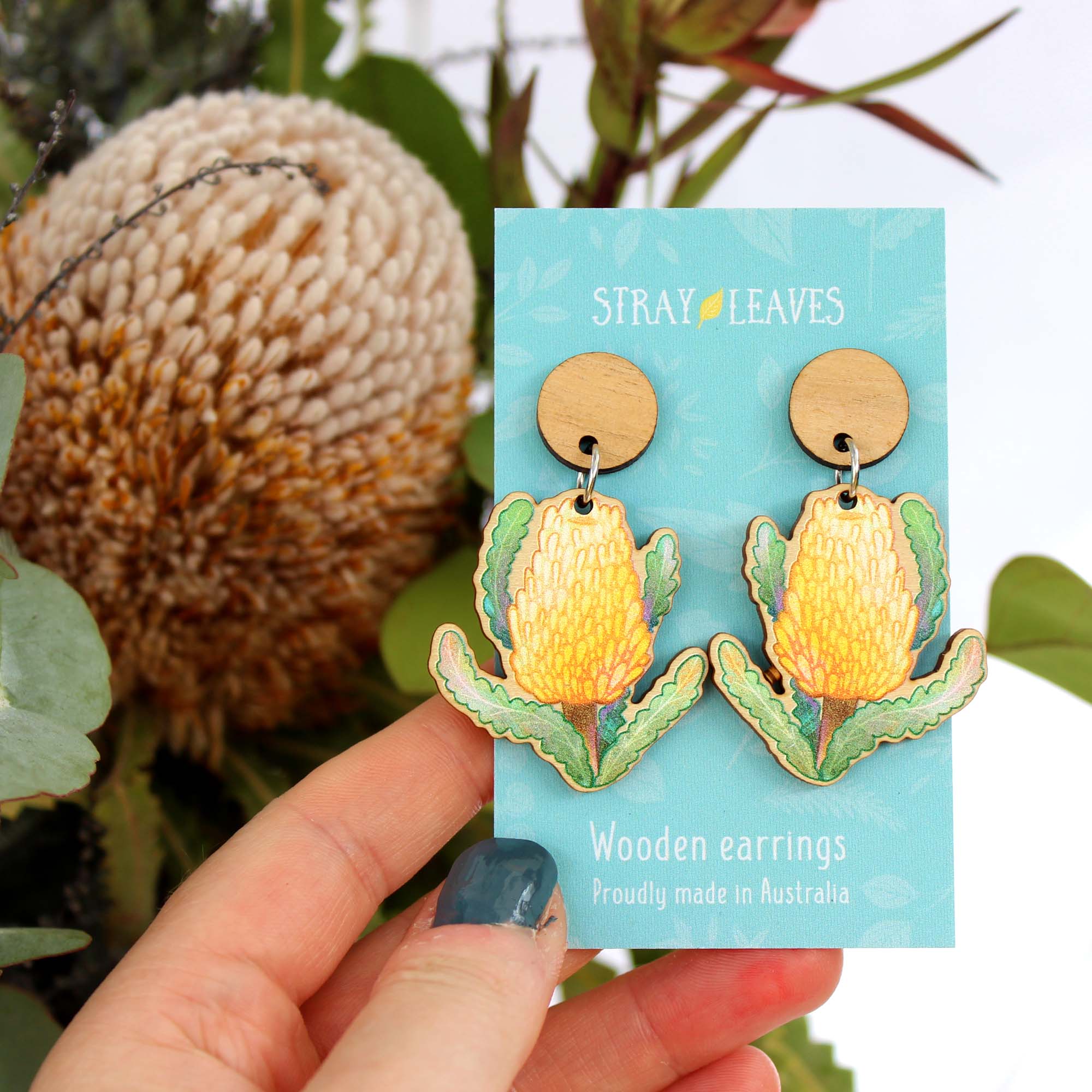 Yellow Banksia wooden earrings