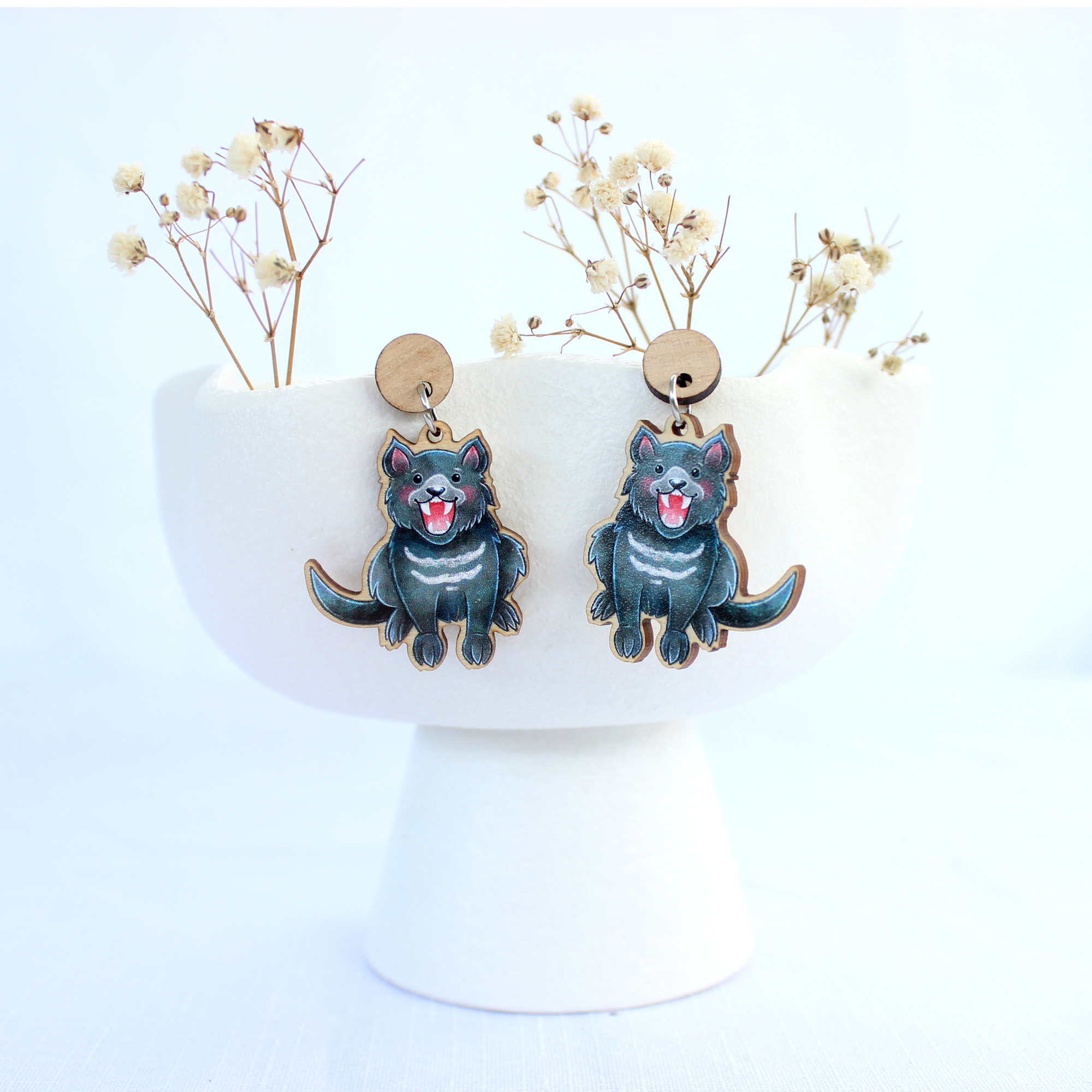 Wholesale Tasmanian Devil wooden earrings - Stray Leaves - Fieldfolio