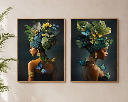 60x90cm Framed Canvas Artwork with African Blue Butterfly Design and Gold Embellishments 2 Asstd