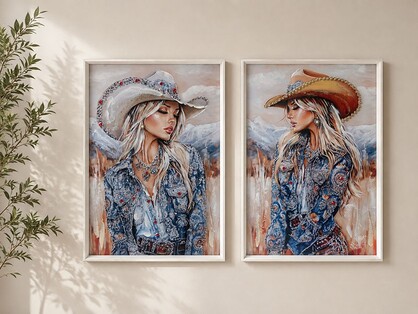 60x90cm Framed Artwork with Cowgirl Design with 80% Embellishment 2 Asstd