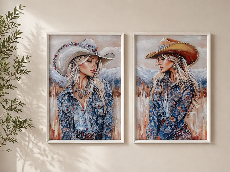60x90cm Framed Artwork with Cowgirl Design with 80% Embellishment 2 Asstd