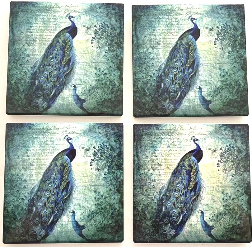 Wholesale Coasters Peacocks Ceramic Cork backed 4 Assorted, Set of 4