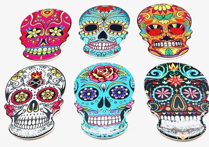 Coasters - Bright Funky Skulls, Ceramic With Cork Back 6 Designs, 36 Assorted in PDQ