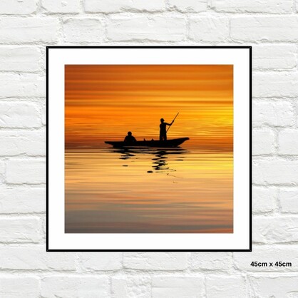 Home Gallery - Framed Print Fishing Silhouette at Sunset 45cm x 45cm Tempered Glass *ON SPECIAL*