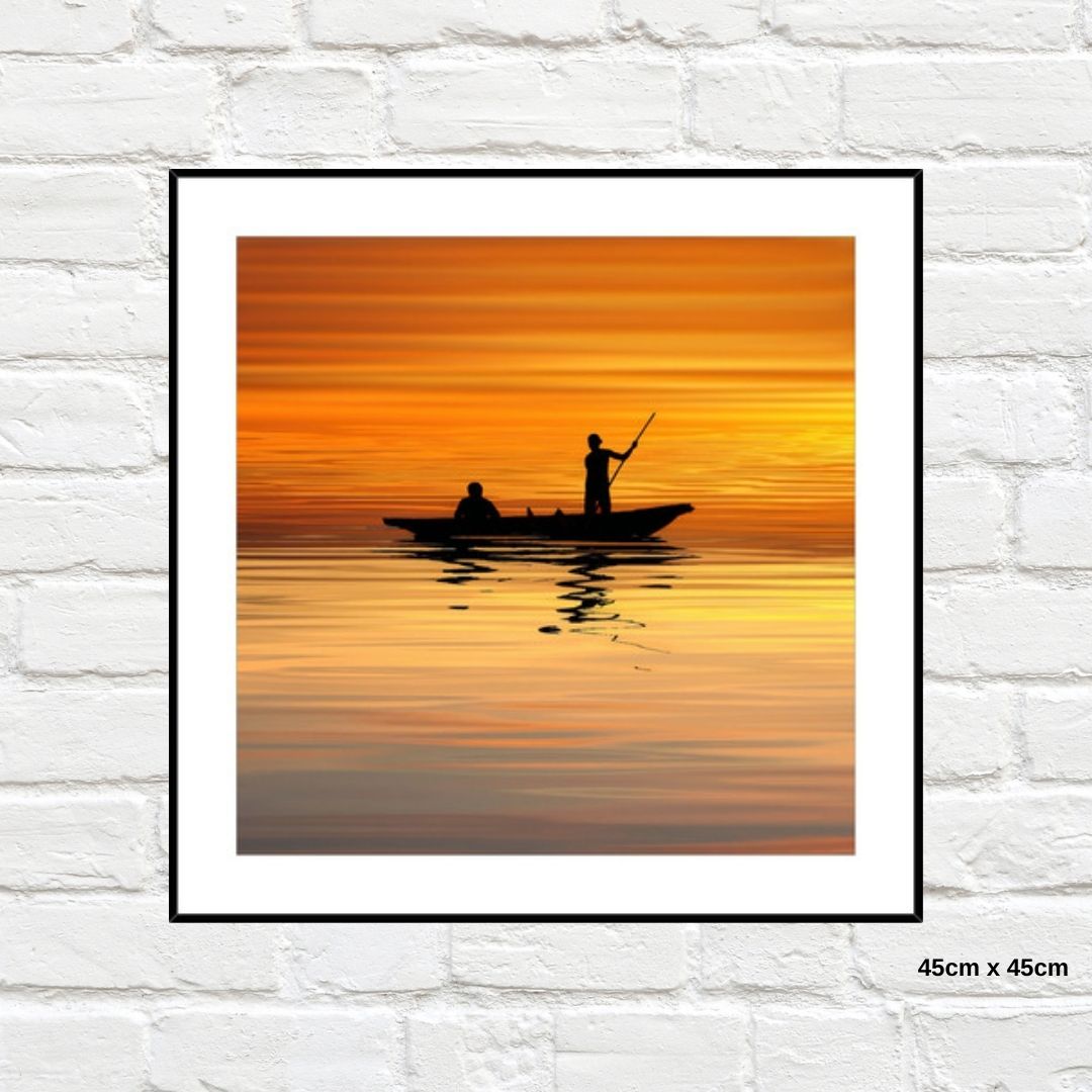 Home Gallery - Framed Print Fishing Silhouette at Sunset 45cm x 45cm Tempered Glass *ON SPECIAL*