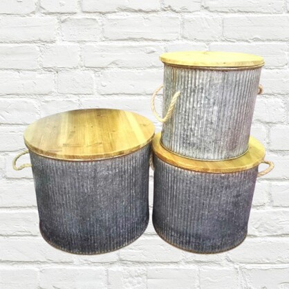 Storage Drums - Galvanized set of 3, large 45x45x50cm, medium 40x40x45cm small 35x35x35cm