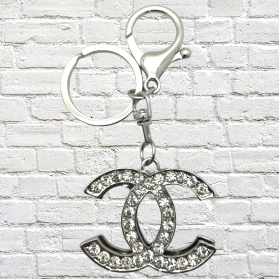 Gifts - Keyring Chanel Silver with Clear Crystals Gift Boxed in Black Box