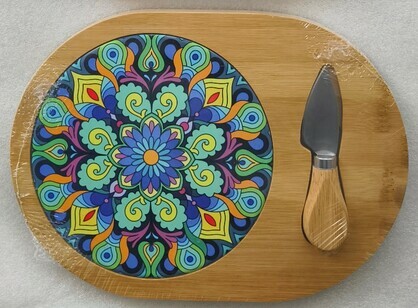 Bamboo Cheese Set Betrix with Tile Inlay with cheese knifes and fork 19x27