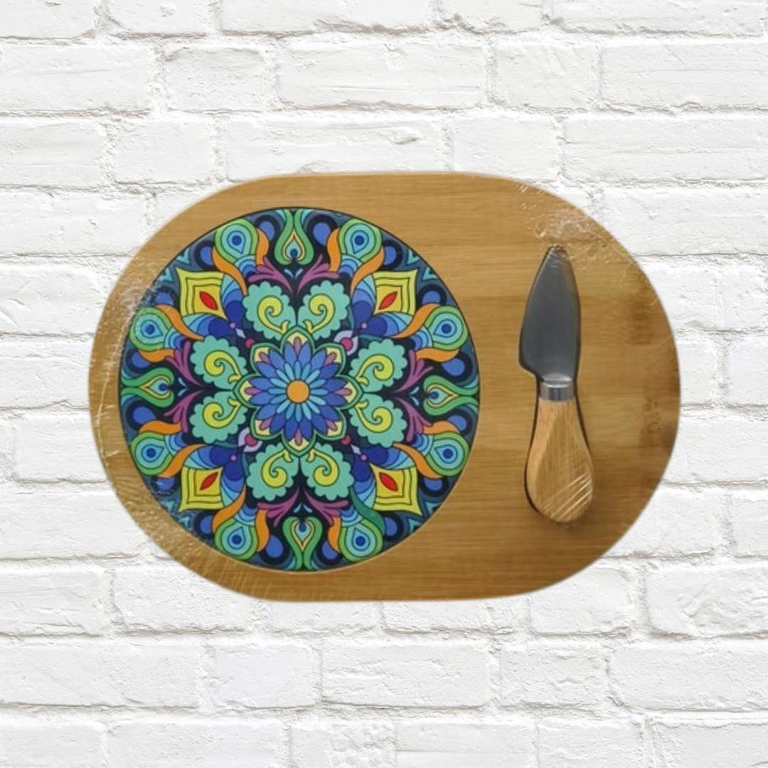 Bamboo Cheese Set Betrix with Tile Inlay with cheese knifes and fork 19x27