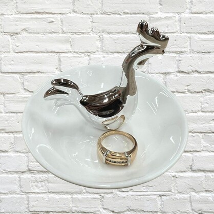 Gifts - Ring Holder Rooster Silver Ceramic