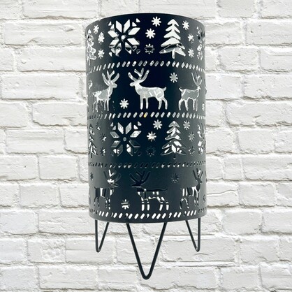 Christmas - Angelique Dome Metal LED Black/Silver with Reindeer and Tree Silhouettes 20cm x 23cm Runs on AA Batteries (not  included)