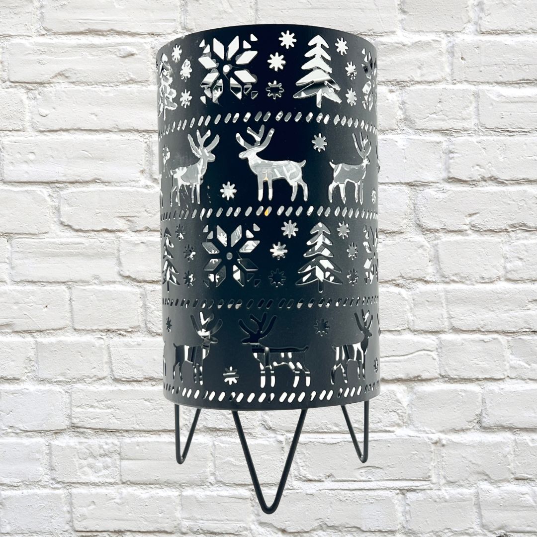Christmas - Angelique Dome Metal LED Black/Silver with Reindeer and Tree Silhouettes 20cm x 23cm Runs on AA Batteries (not  included)