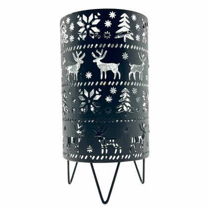 Christmas - Angelique Dome Metal LED Black/Silver with Reindeer and Tree Silhouettes 20cm x 23cm Runs on AA Batteries (not  included)