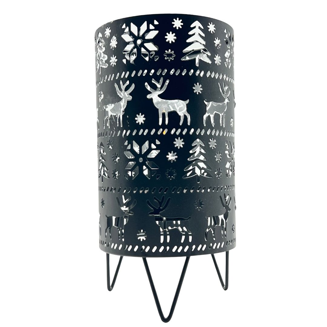 Christmas - Angelique Dome Metal LED Black/Silver with Reindeer and Tree Silhouettes 20cm x 23cm Runs on AA Batteries (not  included)