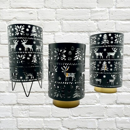 Christmas - Angelique Dome Metal LED Black/Silver with Reindeer and Tree Silhouettes 20cm x 23cm Runs on AA Batteries (not  included)