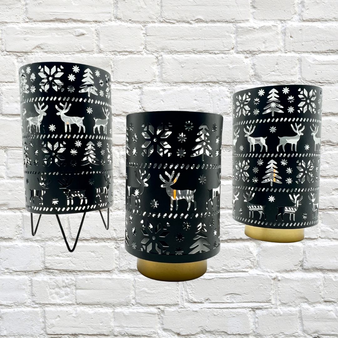 Christmas - Angelique Dome Metal LED Black/Silver with Reindeer and Tree Silhouettes 20cm x 23cm Runs on AA Batteries (not  included)